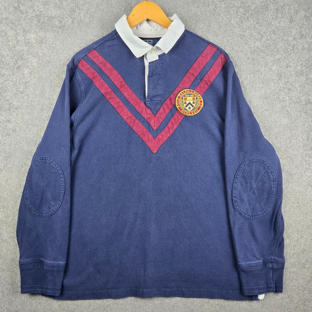 Polo Ralph Lauren Rugby Shirt Mens XL Navy Crest Graphic Elbow Patch Preppy Y2K